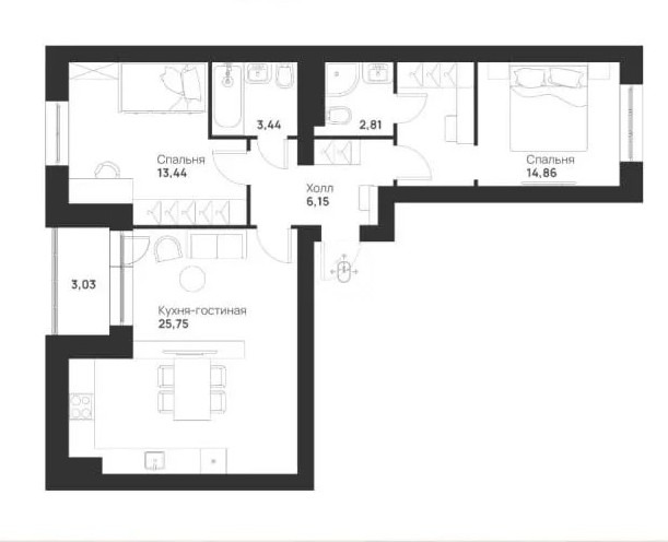 Продается большая Евро-3, с огромной кухней-гостиной в 25 квадратных метров, и двумя комнатами, одна из которых мастер-спальня, с гардеробной и сан.узлом. Микрорайон находится в развитой инфраструктуре в 7ми минутах от проспекта Ленина. Новый действующий детский садик, школа  в стадии строительства.